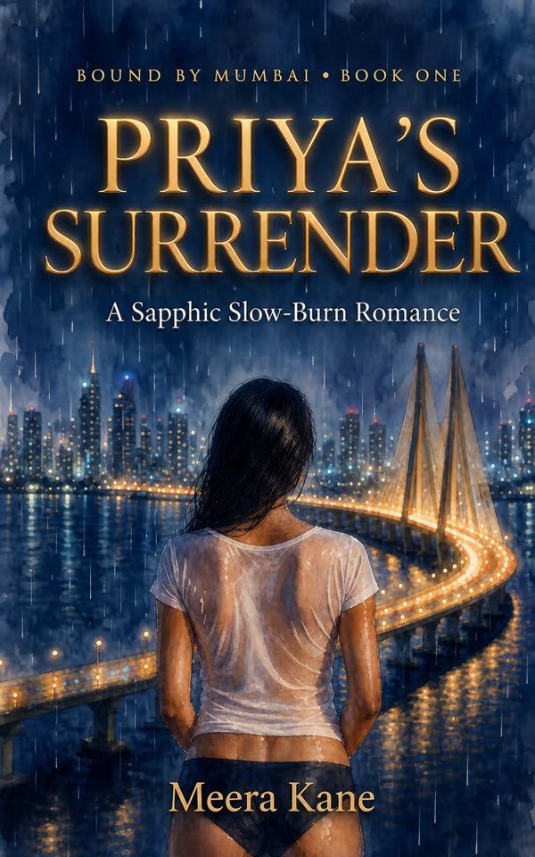 Book cover: Priya's Surrender by Meera Kane — two women at a Mumbai sea wall at dawn, Bound by Mumbai Book One
