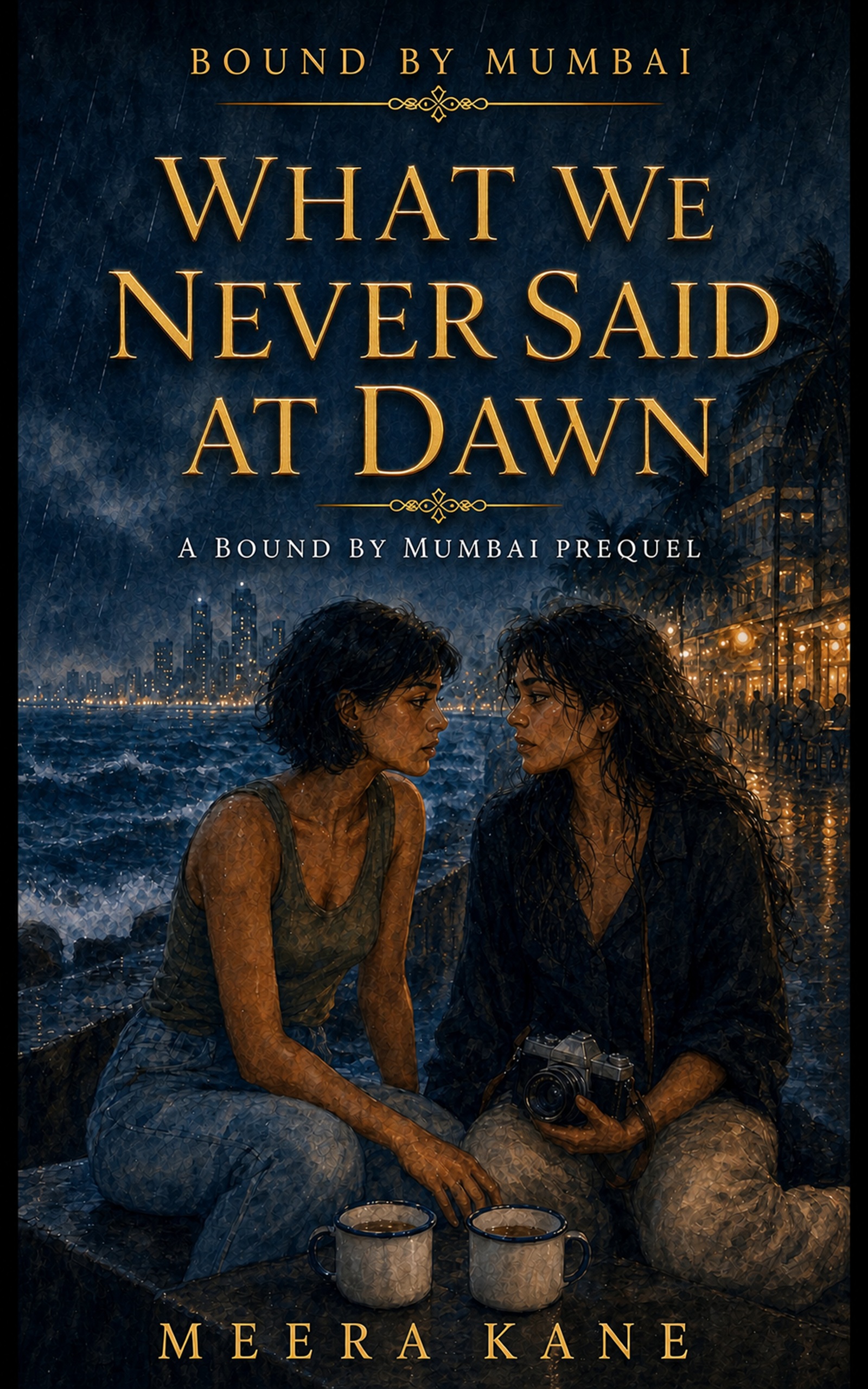 What We Never Said at Dawn by Meera Kane: two women meet at night by the rainy Mumbai sea wall